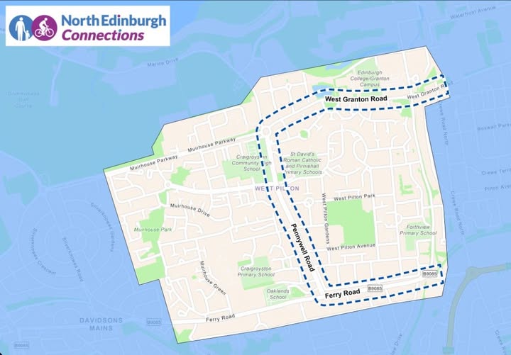 May be an image of map and text that says 'North Edinburgh Connections Ma Drive Siverknoneo Cource Waterfront.Aronue Waterfront Avonue Edinburgh College/G anton Campi campus West Granton Road I West Granton Parkway Muirhouse Parkway Muirhouse Craigroysin Community ligh School David's Romar Catholic and rimary Schools BoswaitPark Patk Road RoadNorth North WE ON Muirhouse Drive Murhouse Park West Pilton Park Crewe retra civerknowes Silverknowes Gardens Pilton Crewe Road North Forthview Primary School West Pilton Avenue Craigroyston Primary School Muithouse Green Oaklands DAVIDSONS MAINS B908s B9085 B9085 Ferry Road Ferry FerryRoad B9085 Road'